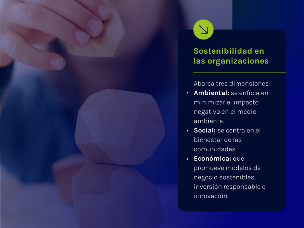 Sostenibilidad en las organizaciones> Abarca tres dimensiones: Ambiental: se enfoca en minimizar el impacto negativo en el medio ambiente. Social: se centra en el bienestar de las comunidades. Económica: que promueve modelos de negocio sostenibles, inversión responsable e innovación.